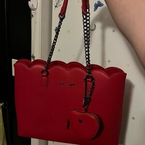 Betsey Johnson Red Tote with Chain Strap and Glossy Finish
